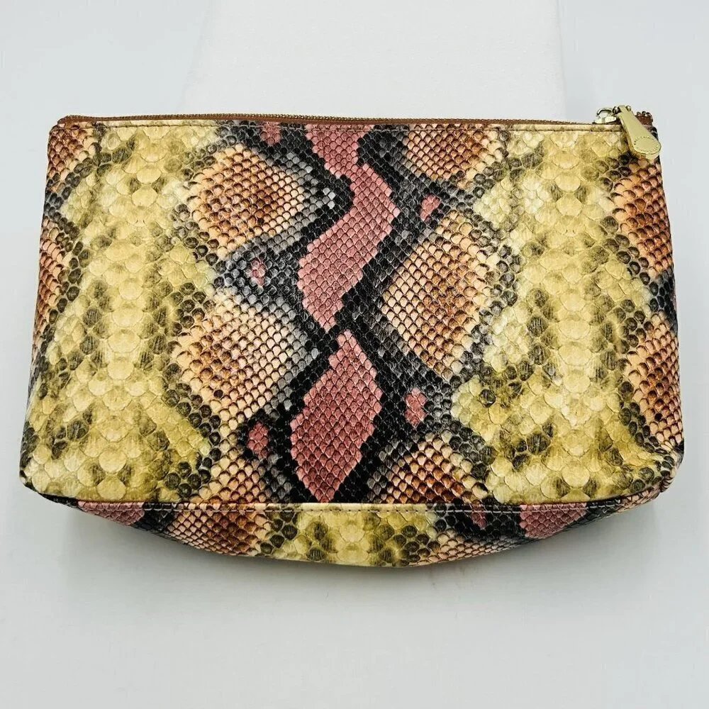 Vince Camuto Cosmetic Bag Snakeskin Pattern Zipper Pouch Gold Trim